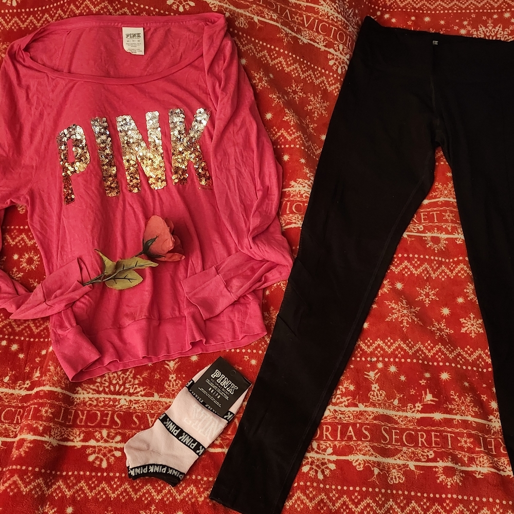 RARE Victorias secret PINK Ombre top with socks and leggings XS